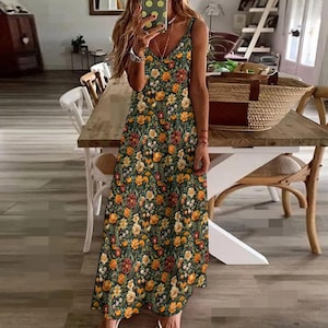 Faux-embroidery Cottagecore Maxi Dress, Retro Floral Long Dress, Boho Hippie Floral Witchy Maxi Dress, Boho Summer Garden Party Maxi Dress