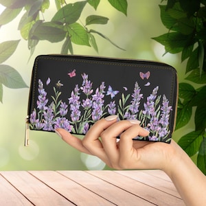 Lavender Fields Wallet, Wildflowers Butterflies Wallet, Natural Aesthetic, Cottagecore Zipper Clutch Wallet, Witchy Flowercore Zipper Wallet