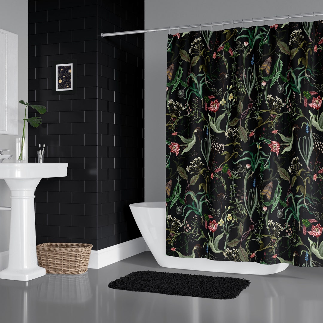 Dark Moody Floral Shower Curtain & Bath Mat, Dark Nature Floral