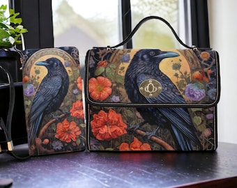 Dark Cottage Goth Witchy Crow & Floral Bag and Clutch Wallet Set, Dark Cottagecore Crow purse, Crowcore Dark Floral Witchcore Clutch Purse