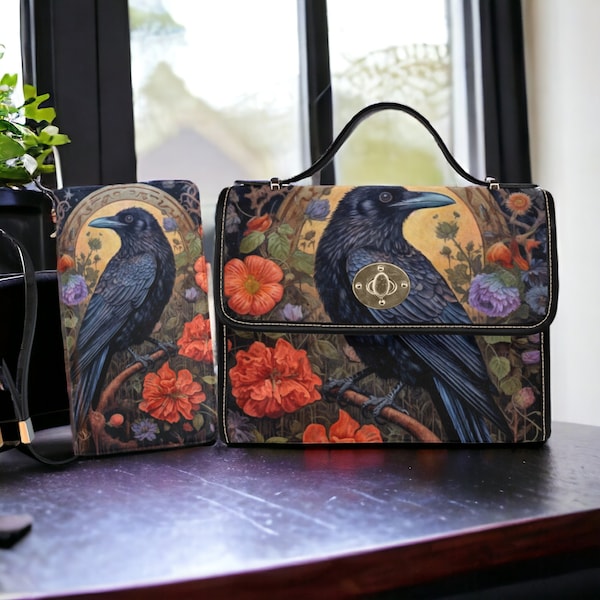 Dark Cottage Goth Witchy Crow & Floral Bag and Clutch Wallet Set, Dark Cottagecore Crow purse, Crow Dark Floral Boho Witchcore Clutch Purse