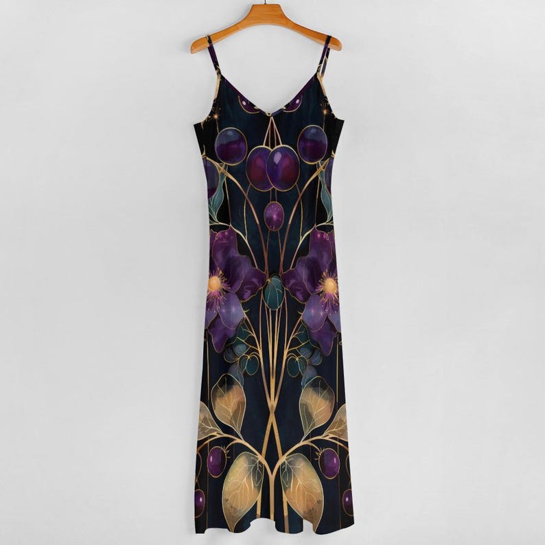 Dark Purple Art Nouveau Floral Maxi Dress, Dark Flowers Long Garden Party Dress, Witchy Hippie Flowers Boho Maxi Dress, Resort Wear Dress image 4