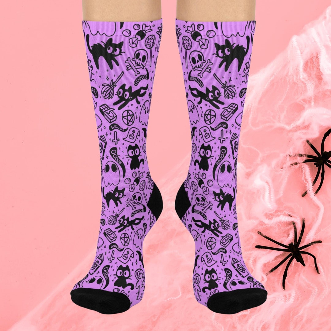 Purple Spoopy Socks Pastel Goth Socks Purple Spooky Cute Bats Cats Boo