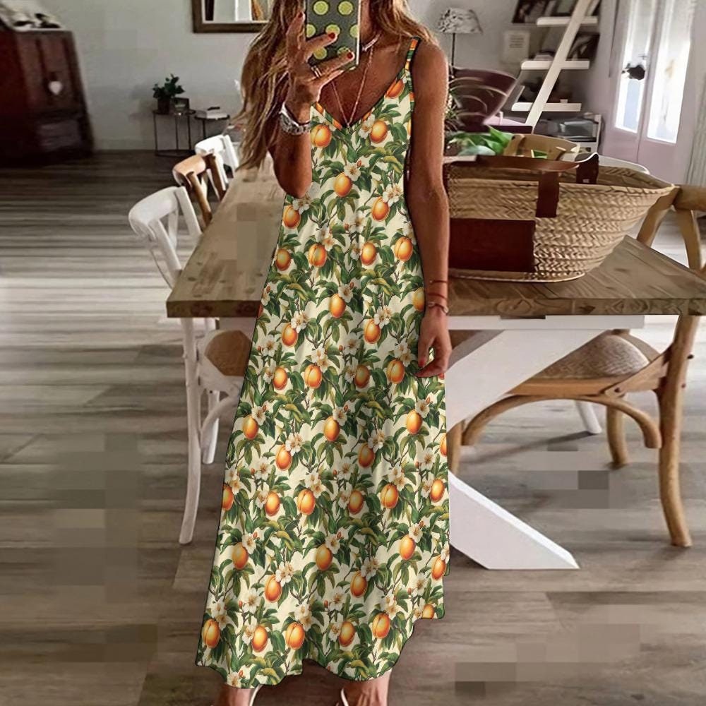 Boho Peaches & Blossoms Cottagecore Maxi Sling Dress, Boho