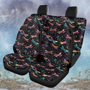 Celestial Dragonfly Car Seat Covers – Whimsigoth Galaxy Design with Moons Stars Dragonflies, Boho Witchy Car Decor, Whimsical Car Decor