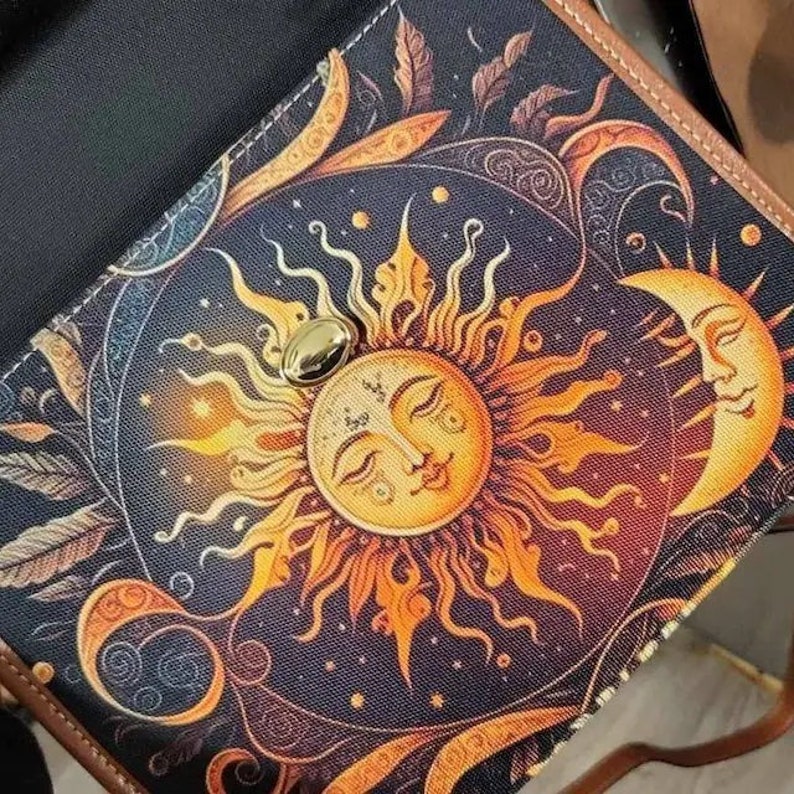 Dark Boho Sun & Moon Canvas Satchel bag, Dark Celestial Sun Moon Bag, Dark Academia Purse, Dark Cottagecore Handbag, Boho Hippie Witch Purse image 7