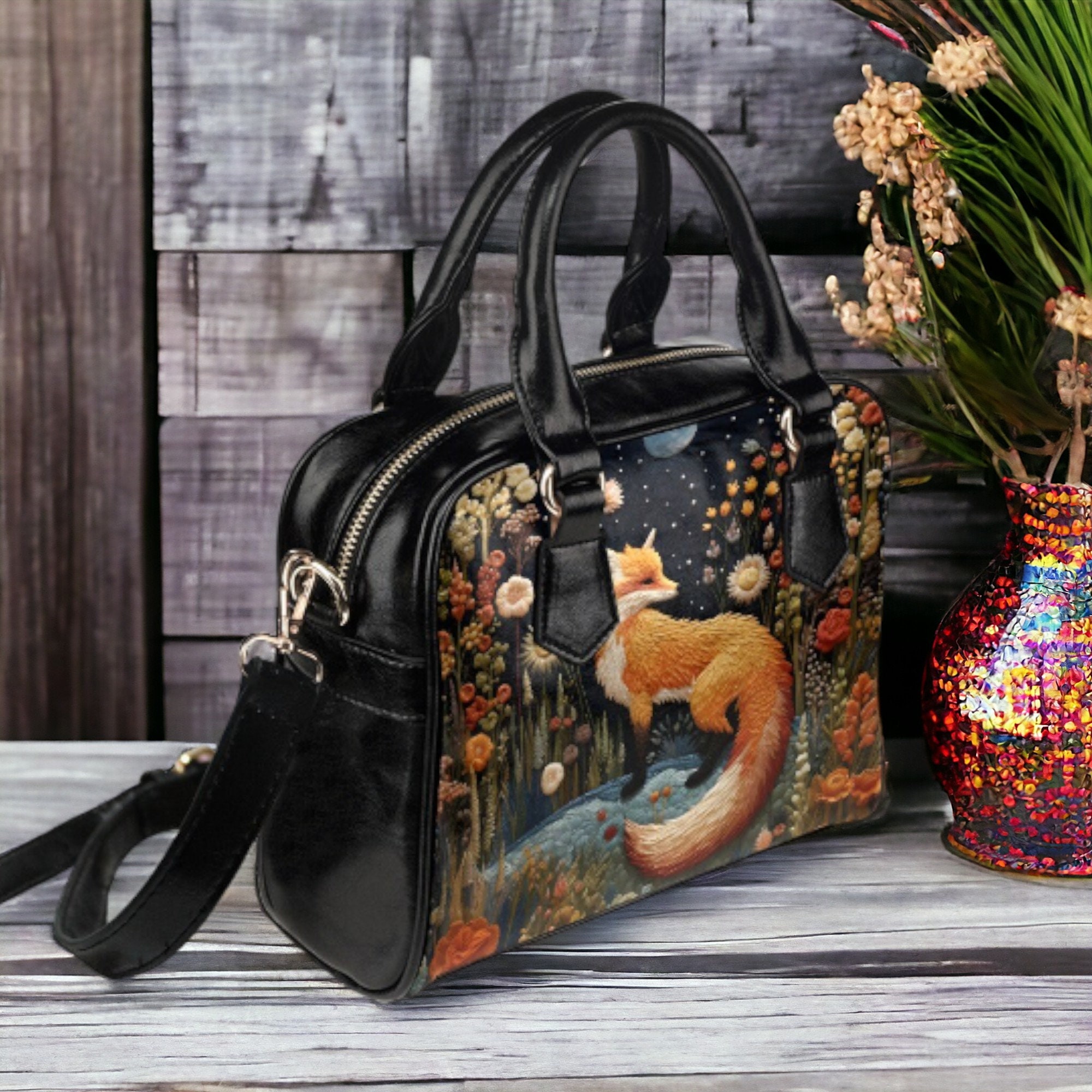 Faux-embroidered Fox Vegan Leather Bowler Purse, Boho Cottagecore