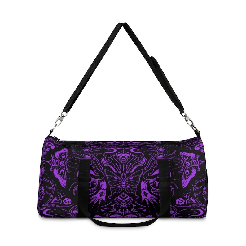Violet Goth Duffel Bag, Witchcore Clothing, Goth Skulls Moths Duffel Bag, Goth Girl Gym Bag, Gothic Weekender bag, Pastel Witchy Duffel Bag image 10