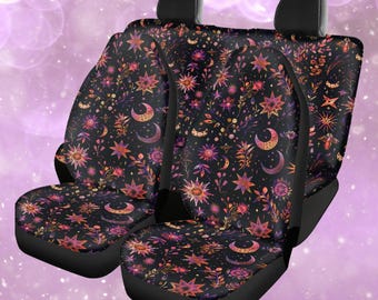 Celestial Tie Dye Car Seat Covers, Mystical Moons & Stars, Witchy Hippie Boho Cosmic Car Interior Accessories