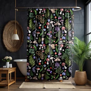 Cortina de ducha Forestcore oscura con serpientes, hongos, helechos y flores de brujas – Juego de cortina y alfombrilla de baño Goblincore Cottagecore