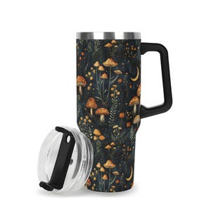 Mushroom Forest 40oz Stainless Steel Tumbler With Black Handle & Straw, Dark Cottagecore Forestcore Gifts, Goblincore Tumbler, Forest Mug image 5
