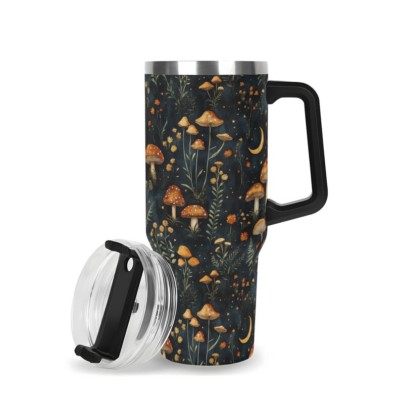 Mushroom Forest 40oz Stainless Steel Tumbler With Black Handle & Straw, Dark Cottagecore Forestcore Gifts, Goblincore Tumbler, Forest Mug image 5