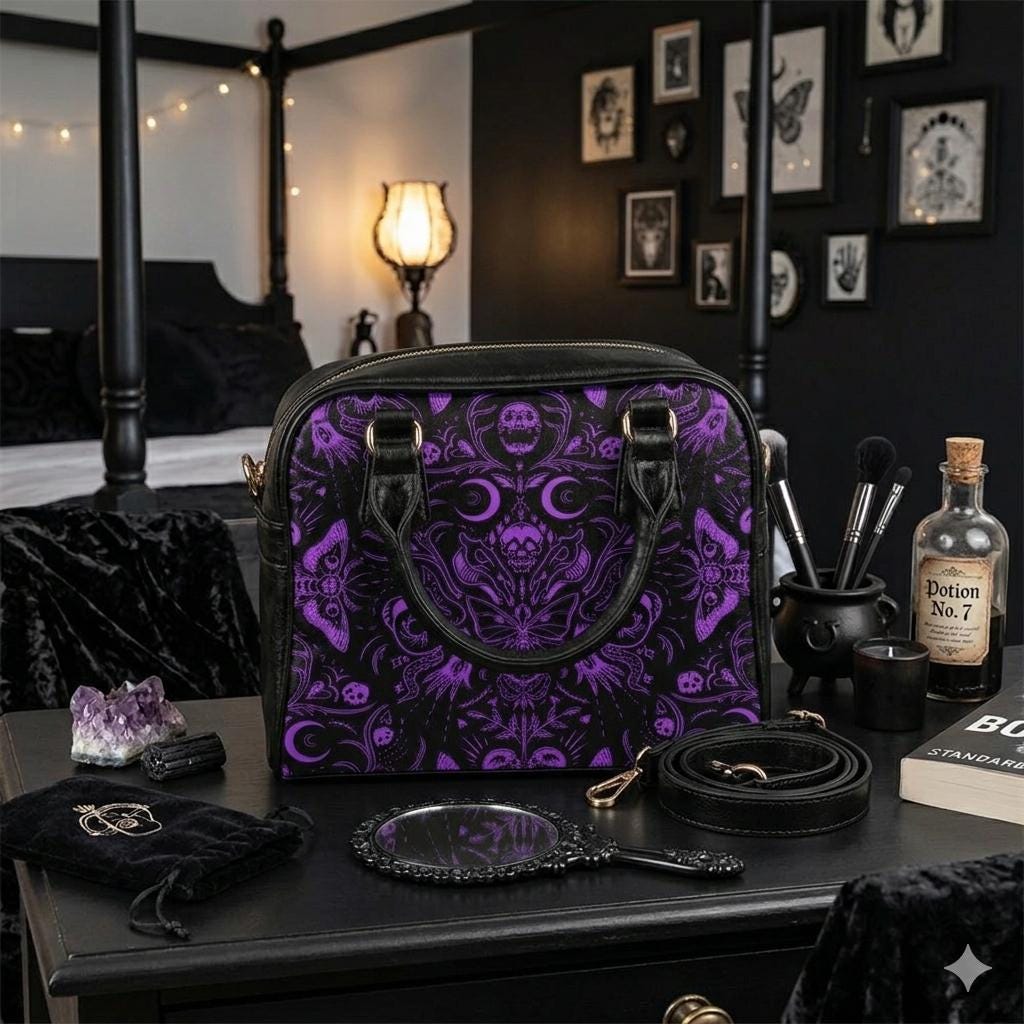 Gothic Handbag, Gothic Skulls Moths Purse, Vegan Leather Witchy