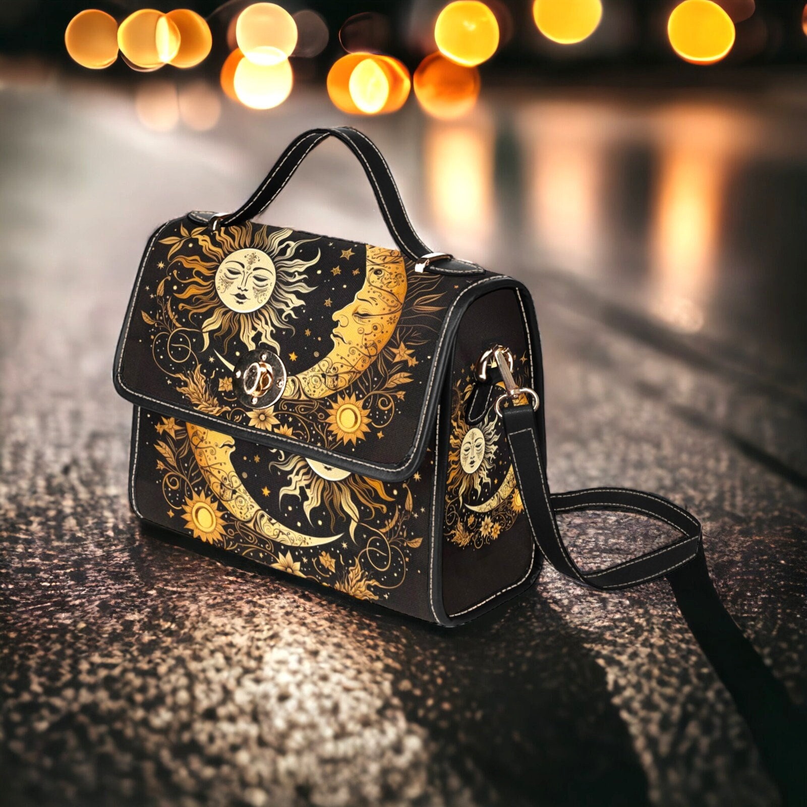 Dark Boho Sun & Moon Canvas Satchel Bag, Dark Celestial Sun Moon