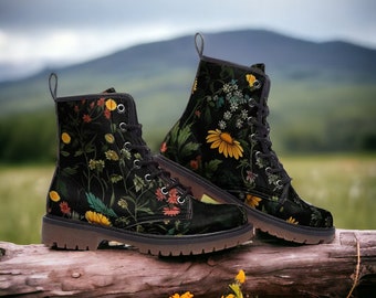 Boho Floral Vegan Boots, Dark Floral Daisy Chunky Boots, Wildflower Boot, Faux Leather Boots, Bohemian Boots, Vegan Unisex Cottagecore Boots