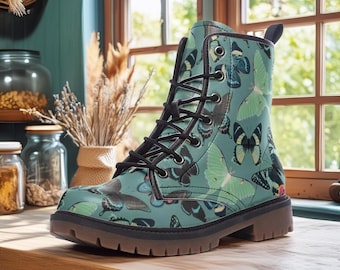 Aqua Butterfly Vegan Leather Combat Boots: Fairycore Forest Style