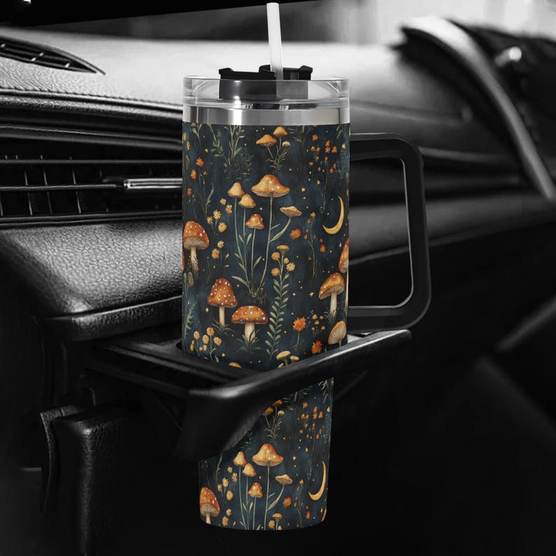 Mushroom Forest 40oz Stainless Steel Tumbler With Black Handle & Straw, Dark Cottagecore Forestcore Gifts, Goblincore Tumbler, Forest Mug image 3