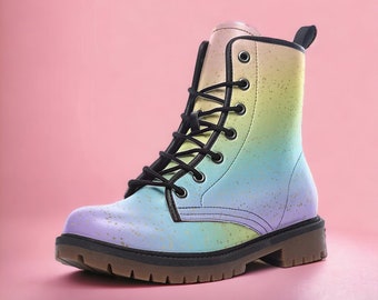 Pastelsterrenlaarzen, pastelkleurige regenboogstrepen vegan leren gevechtslaarzen, pastelkeilaarzen, Kidcore Pastelcore, pastelfee punkfestivallaarzen