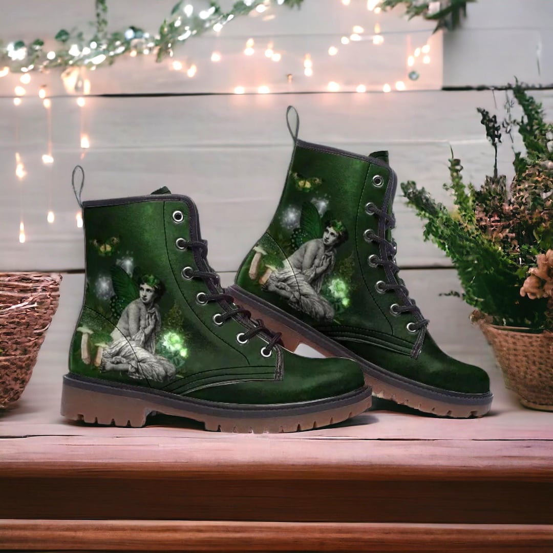 Bottes de combat en cuir végétalien Absinthe Fairy lacets vert - Main Image