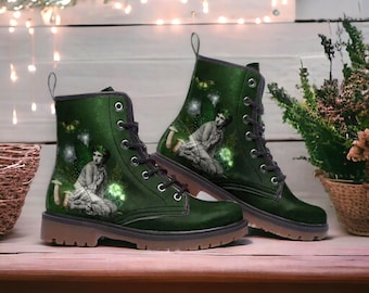 Absinthe Fairy Vegan Leather Combat Boots: Emerald Green Lace-Up