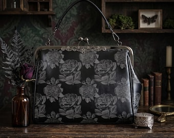 Gothic Black Roses Kisslock-portemonnee, donkere vintage bloemenhandtas, grillige avondtasje, Victoriaans geïnspireerde tas met sluiting, Alt Aesthetic
