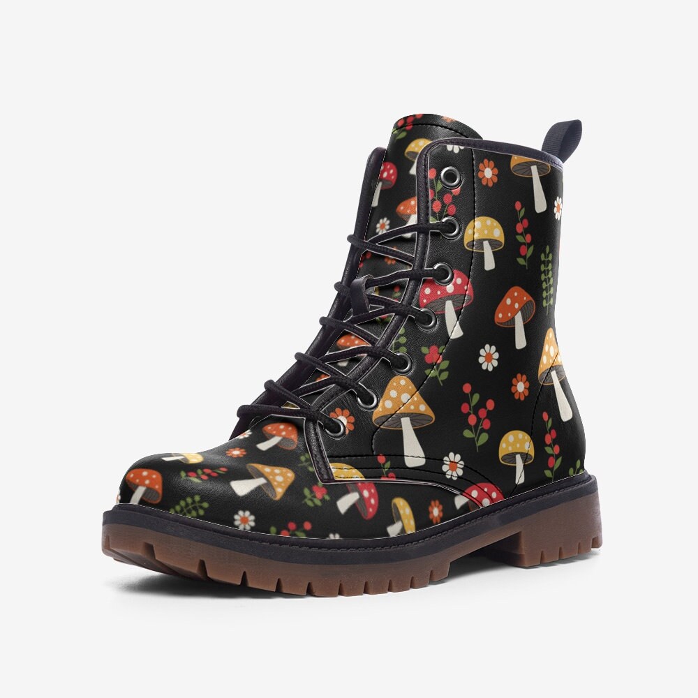 Cute Kawaii Mushrooms Boots, Woodland Mushrooms Vegan Combat