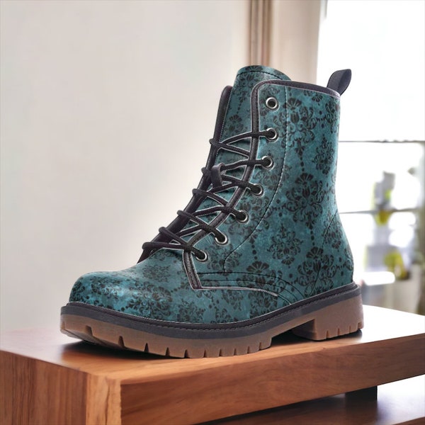 Teal Whimsigoth Vegan Combat Boots, Faux Leather Fairy Grunge Boots, Festival Boots, Boho Witchy Boots, Dark Romantic Boots, Club Style Boot