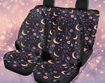 Ethereal Celestial Car Seat Covers set, Moon Stars Flowers, Cosmic Floral, Boho Aesthetic, Witchy Whimsical Car Decor Set