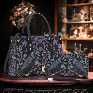 Gothic Raven's Roost Handbag and Clutch Wallet Set, Vegan Leather Handbag & Zipper Clutch, Crowcore Zip Wallet, Gothic Boho Witchy Gift Set