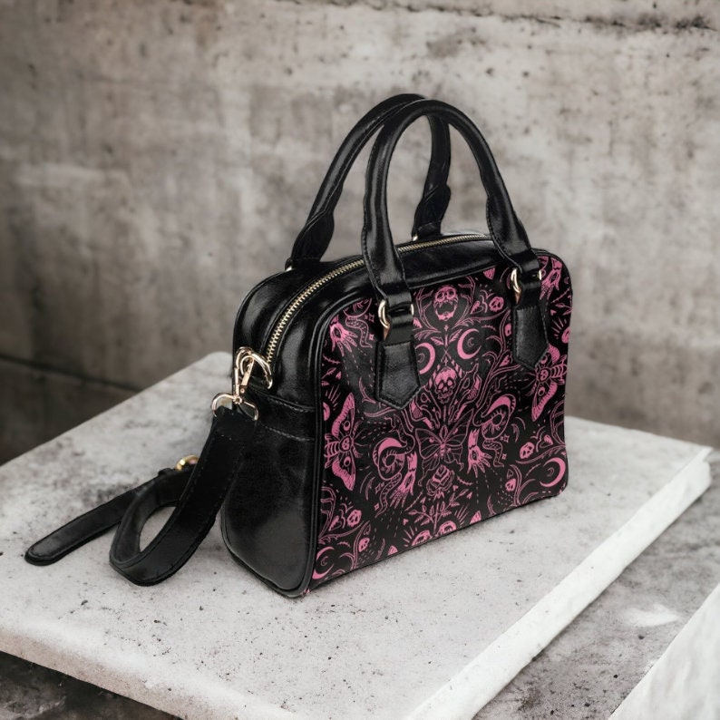Gothic Handbag Pastel Witch Skulls Moths Purse Vegan Leather Witchy Purse Goth Girl Gift Black Pink Boho Witchcore Occult Shoulder Bag