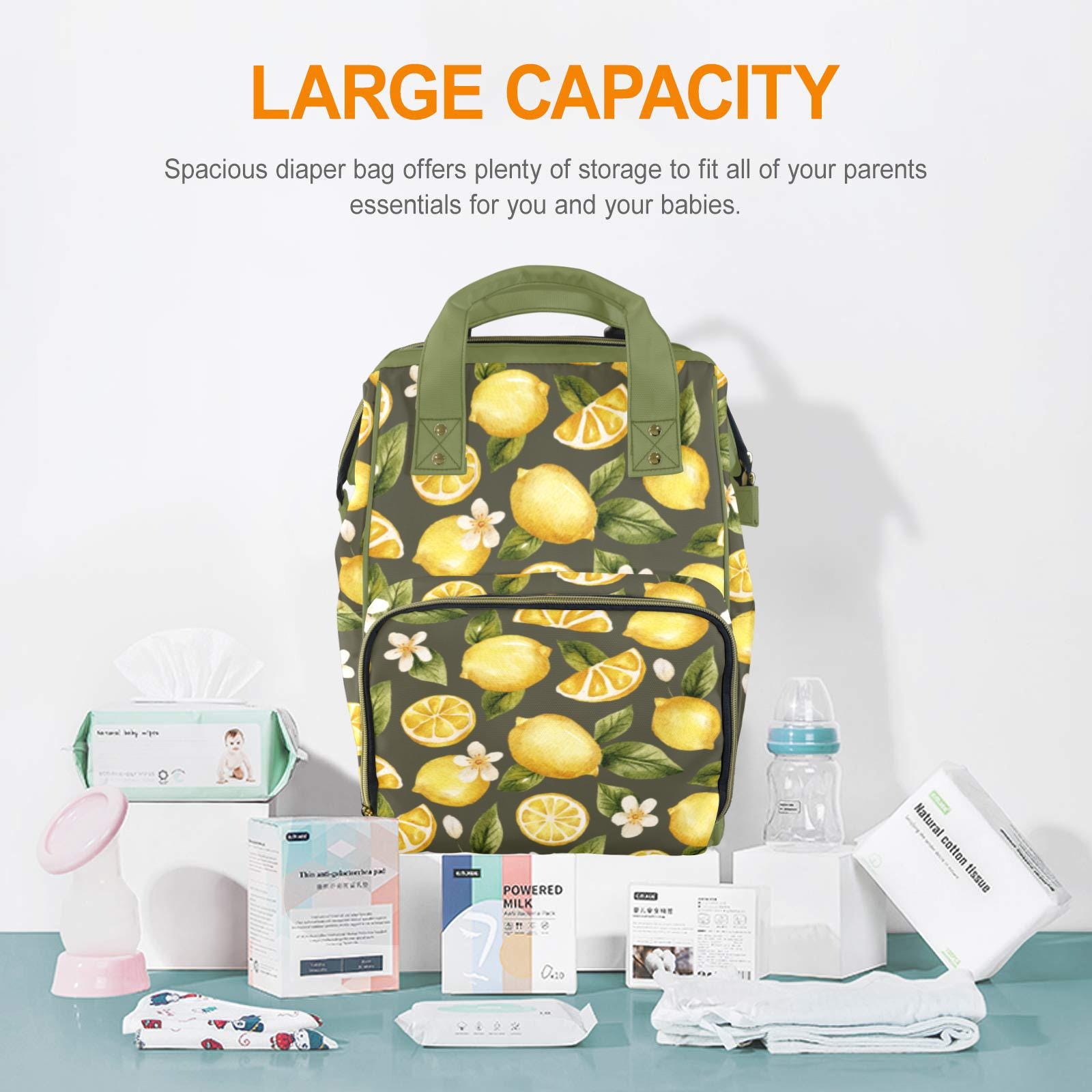 Sweet Lemon Carry-all Diaper Bag Backpack Whimsical Lemon Print Diaper Backpack, Boho Fresh Citrus  main image 3