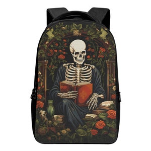 Mochila para portátil con diseño de esqueleto espeluznante, mochila gótica para biblioteca, mochila para biblioteca del hombre muerto, bolso para portátil de estilo Dark Academia, bolso para libros de lectura con diseño de esqueleto imagen 2