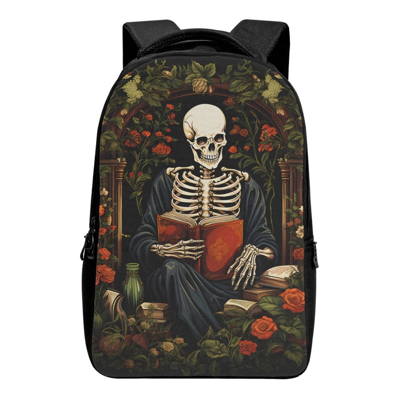 Mochila para portátil con diseño de esqueleto espeluznante, mochila gótica para biblioteca, mochila para biblioteca del hombre muerto, bolso para portátil de estilo Dark Academia, bolso para libros de lectura con diseño de esqueleto imagen 2