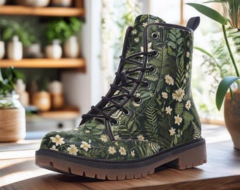 Dark Forest Ferns & Flowers Vegan Boots, Cottagecore Combat Boots, Dark Green Botanical Witchy Boots, Faux Leather Boots, Forestcore Boots
