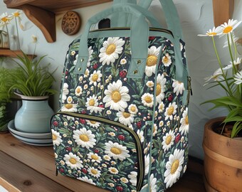 Sac à dos fantaisiste coccinelle marguerite - Sac à dos sac à langer multifonctionnel floral Cottagecore, cadeau de baby shower fée gobelincore pour mamans sorcières
