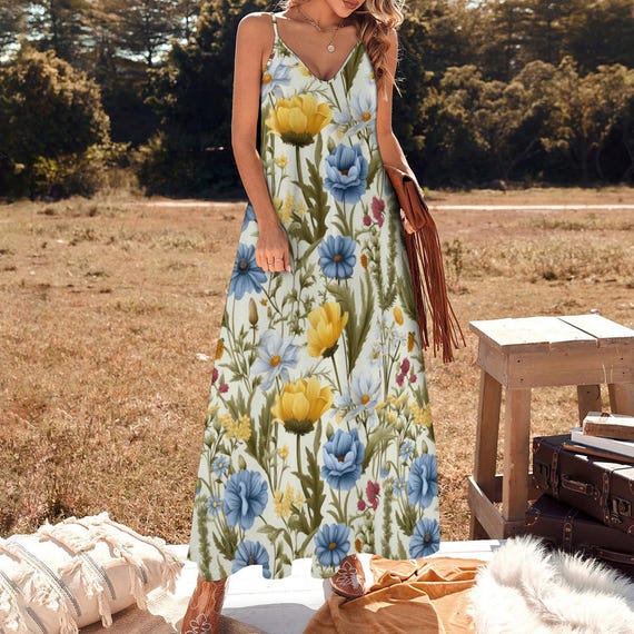 Boho Garden Blossoms Cottagecore Long Sling Dress, Floral