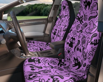 Purple Spooky Cute Car Seat Covers, Pastel Witchy Car Decor, Creepy Cute Seat Covers, Pink Halloween Seat Covers, Teen Goth Girl Car Decor