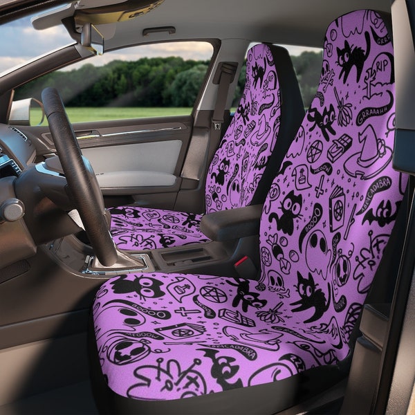 Purple Spooky Cute Car Seat Covers, Pastel Witchy Car Decor, Creepy Cute Seat Covers, Pink Halloween Seat Covers, Teen Goth Girl Car Decor
