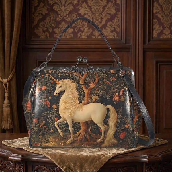 Unicorn Faux-leather Kisslock Bag: Medieval Fantasy Handbag