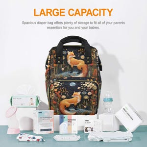 Faux-Embroidery Fox Diaper Backpack, Cottagecore Fox Mommy Bag, Storybook Fables Fox Bag, Forestcore Mama Cottage Nursery Shower Gift Bag image 8