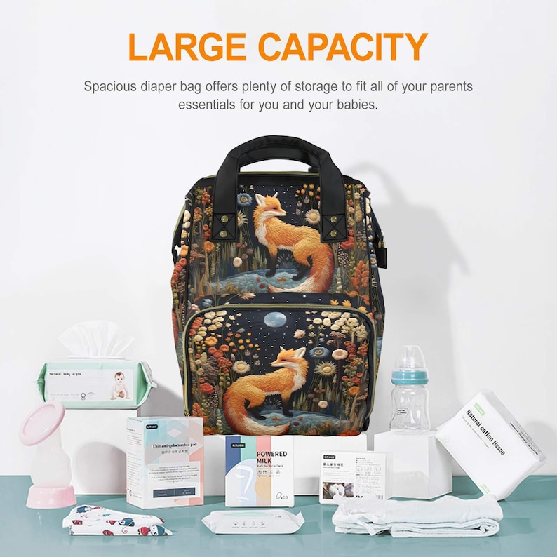 Faux-Embroidery Fox Diaper Backpack, Cottagecore Fox Mommy Bag, Storybook Fables Fox Bag, Forestcore Mama Cottage Nursery Shower Gift Bag image 8