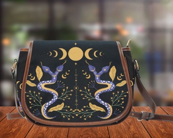 Mystical Twin Snakes Saddle Bag Purse, Celestial Snakes Cross-body