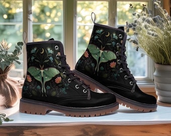 Luna Moth Vegan Combat Boots: Dark Floral Gothic Lace-Up, Dark Cottagecore Whimsigoth Moth Boots, Witchy Aesthetic Boots