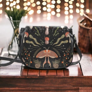 Mystical Forest Vegan Leather Saddle Cross-Body Purse, Dark Cottagecore Handbag, Forest Witch Handbag, Goblincore Mushroom Magic Moths Purse