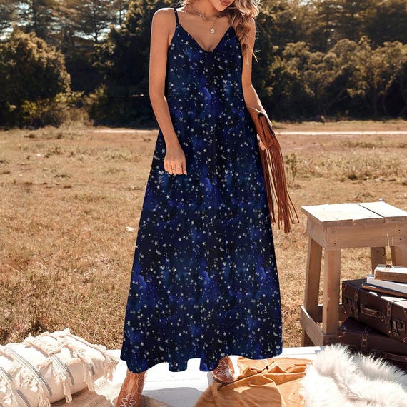 Deep Blue & Silver Stars Sling Ankle Long Dress, Celestial