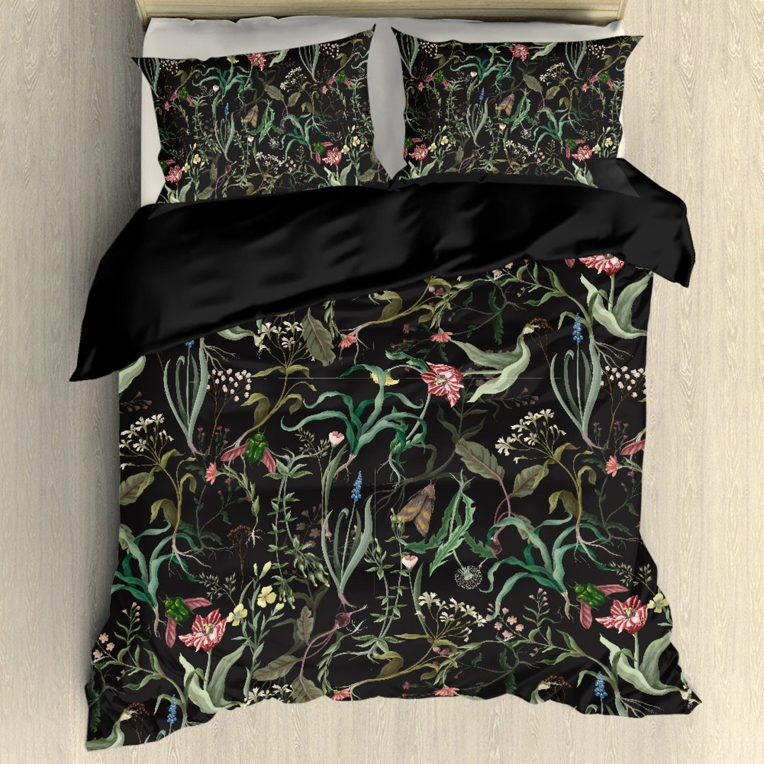 Dark Moody Floral Duvet Cover and Pillowcases Set, Moody Bedroom Decor