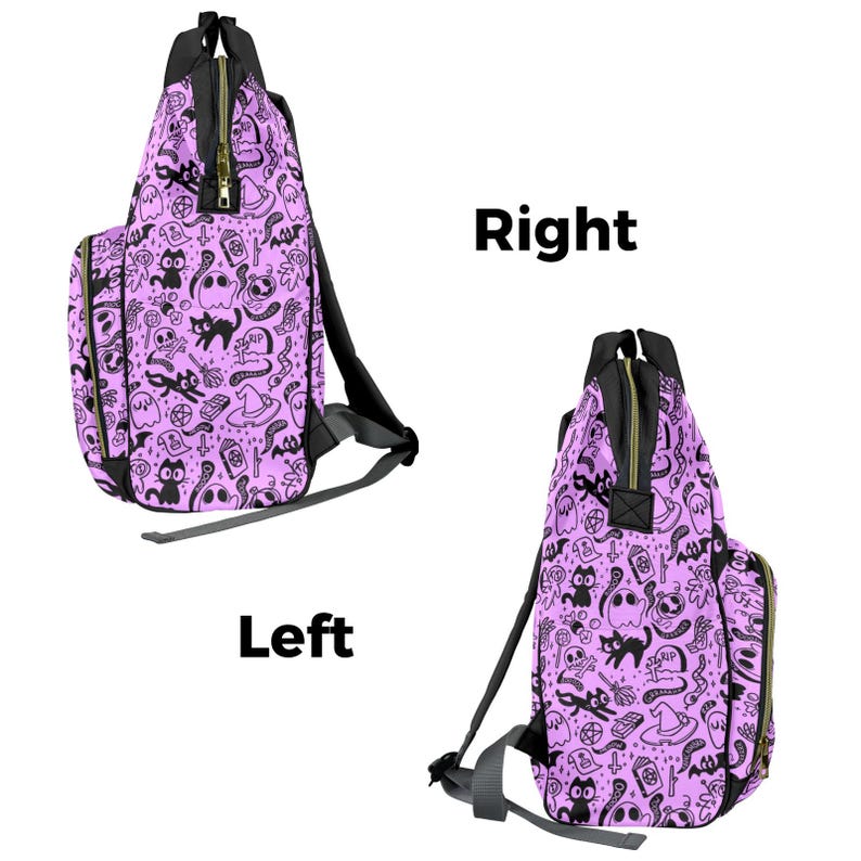 May include: A purple backpack with a black and white print of ghosts, cats, and other spooky Halloween imagery. The backpack has a zipper closure and adjustable straps.