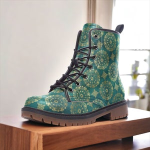 Teal & Gold Mandalas Vegan Combat Boots, Rich Mystical Combat Boots, Witchcore Boots, Whimsigoth Boots, Fantasy Festival Wear Lace Up Boots