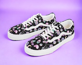 Cute Witchy Skate Style Sneakers, Kawaii Witch Low Top Canvas Tennis Shoes, Spooky Cute Sneakers, Teen Girl Sneakers, Y2k witchy skate shoes