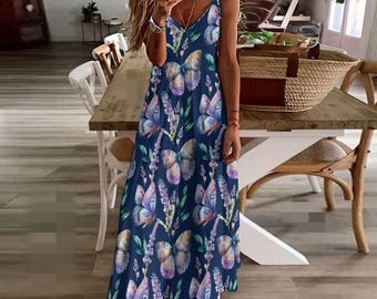 Whimsical Butterfly Maxi Dress, Boho Sleeveless Summer Dress, Lavender Floral Print, Cottagecore Fairycore Aesthetic, Witchy Hippie Dress